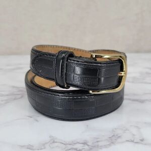 Men's Genuine Leather Black Checker Pattern Belt Brass Buckle Size 40